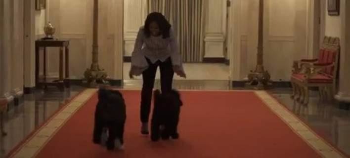 Η Μισέλ Ομπάμα έκανε μία τελευταία βόλτα στον Λευκό Οίκο παίζοντας με τα σκυλιά της